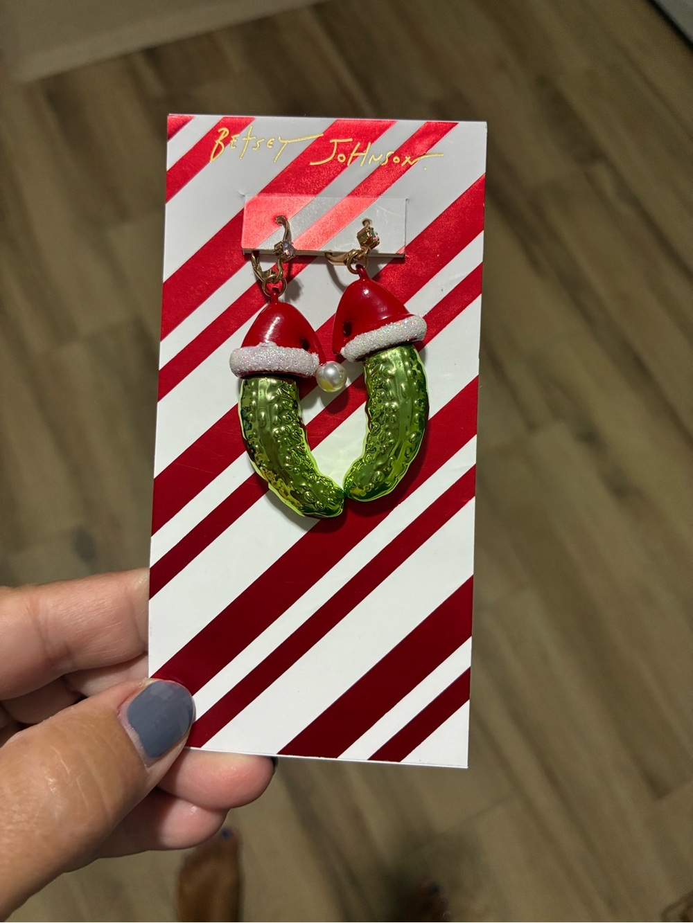 Betsey Johnson Red Santa Hat Green Pickle Drop Earrings